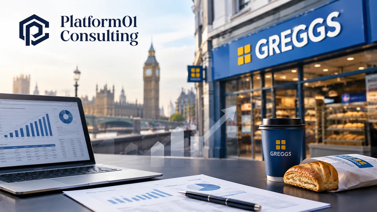 Platform01 Consulting financial modelling visual with a Greggs store, financial charts and Big Ben in London