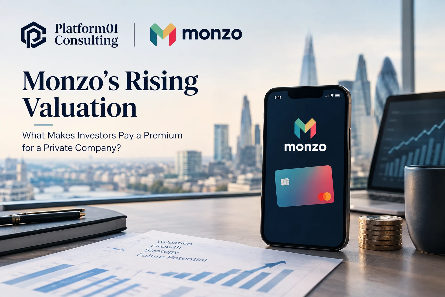Platform01 Consulting and Monzo valuation visual with London skyline, fintech card and growth chart
