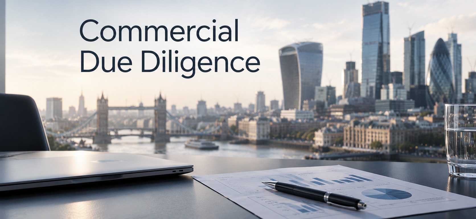 Commercial due diligence analysis with financial charts and a laptop overlooking London's skyline and Tower Bridge