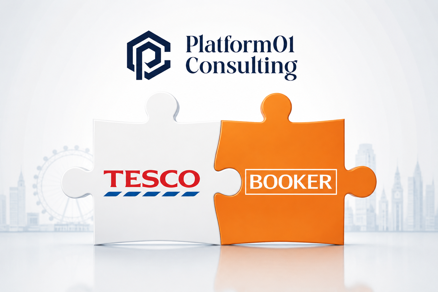 Tesco and Booker jigsaw pieces with the Platform01 Consulting logo and a London skyline — commercial due diligence case study