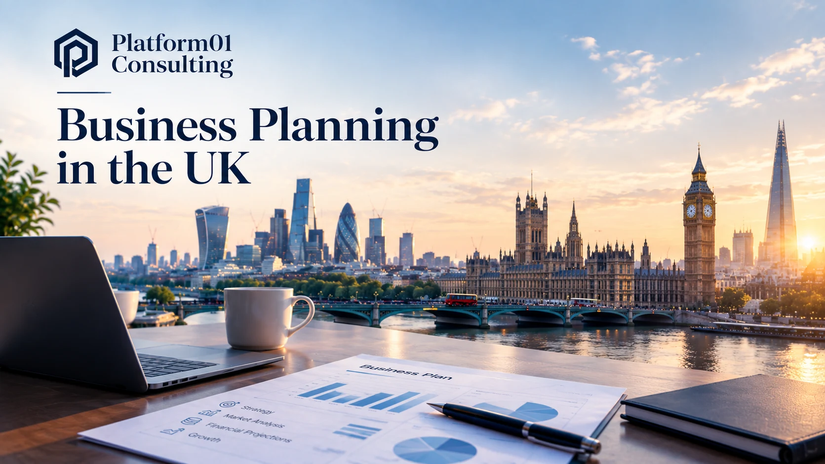Platform01 Consulting Business Planning in the UK visual with a business plan, laptop and London skyline