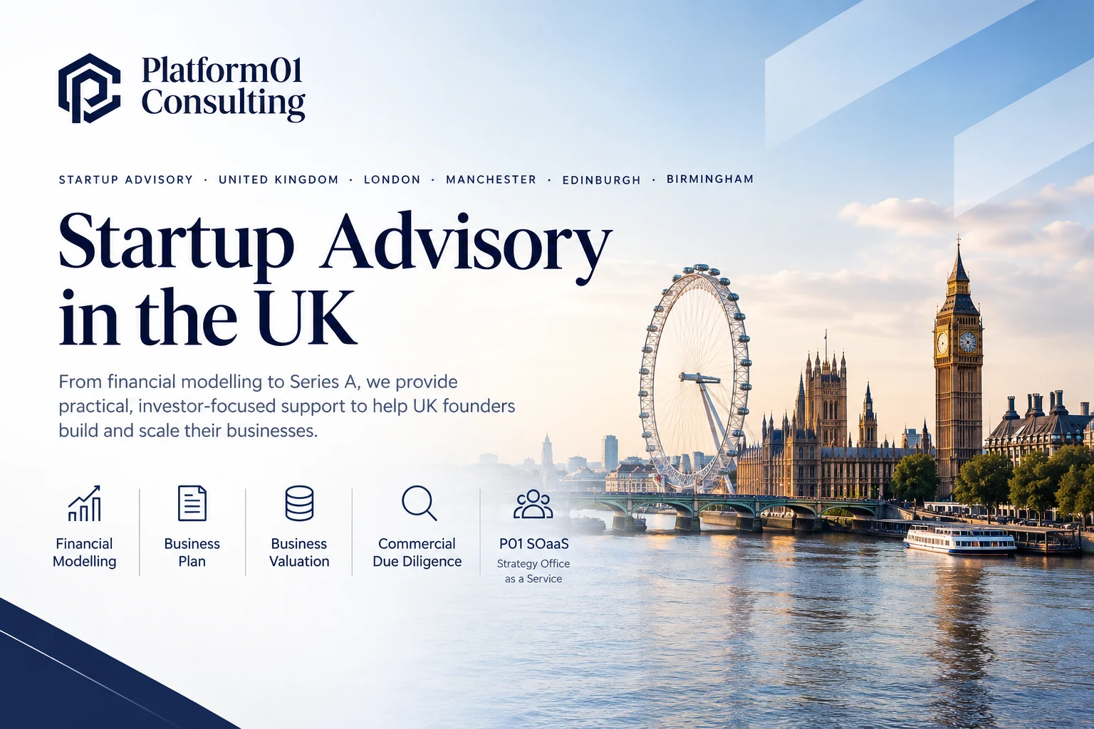 Platform01 Consulting startup advisory services in the UK with London business landmarks